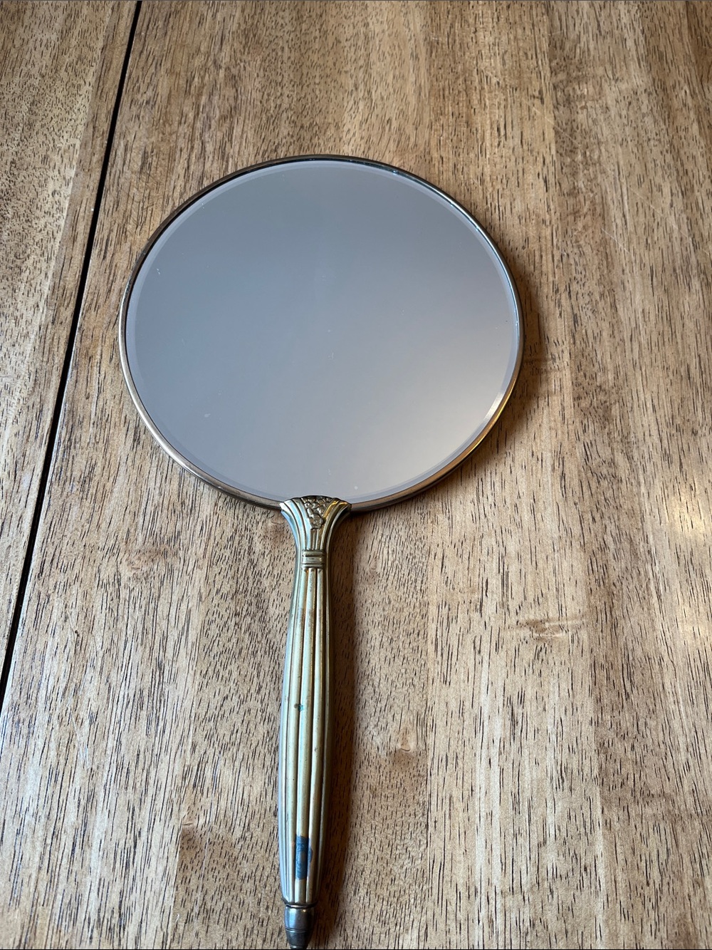 Vintage Powder Blue Enamel Brass Hand Mirror Floral Bouquet Emblem Vanity Decor